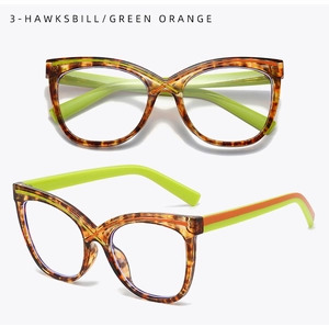 Cat eye glasses frames with hawksbill pattern and green orange contrast color details