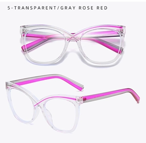 Macro detail of transparent cat eye frame with vibrant rose red color contrast accents