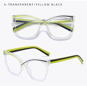 Detail of transparent cat-eye frames with unique yellow and black striped temples