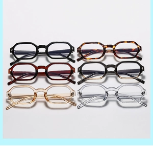 Detailed grid showing six stylish polygonal anti-blue light glasses frames in various colors