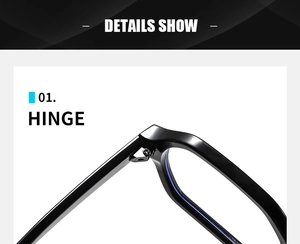 Detailed macro view of the sturdy metal hinge connecting the black geometric glasses frame