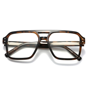Classic tortoise shell double bridge aviator eyeglasses frame with retro large lens design