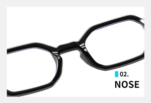 Detail shot of the comfortable nose bridge on black polygon anti-blue light glasses