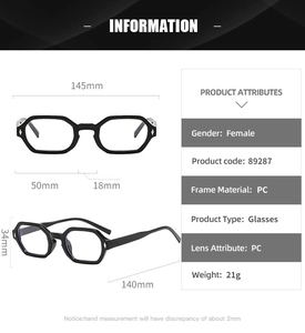 Detailed size chart for black geometric polygon anti-blue light glasses with PC frame