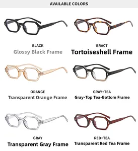 Detailed grid of geometric polygonal blue light blocking glasses in six trendy colors