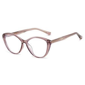 Women's cat-eye eyeglasses in transparent pink with diamond-textured temple details