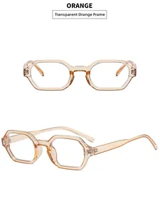 Detailed views of transparent orange geometric polygon eyeglass frames with rivets