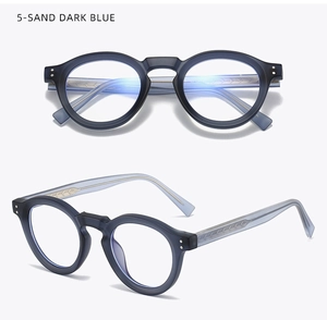 Dettaglio degli occhiali da sole rotondi rétro TR90 in finitura blu scuro sabbia opaco