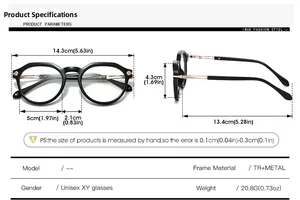 Detailed size guide and technical specifications for the TR90 vintage oval glasses frame