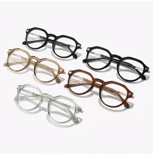Detailed flat lay of TR90 oval glasses frames in multiple colors with metal rivet accents