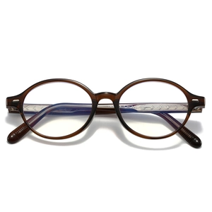 Fashionable dark brown oval full-frame TR90 glasses with vintage engraved metal core