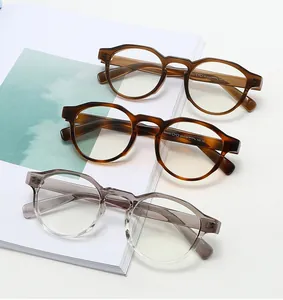 Detailed view of lightweight TR90 round glasses frames in amber and gradient colors