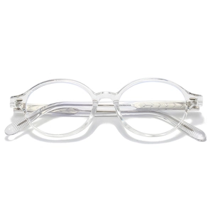 Modern transparent oval eyeglasses frame with silver geometric engraved metal inner cores