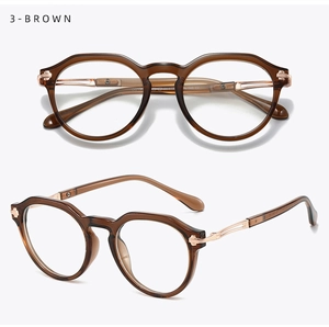 Macro detail of brown TR90 frames showing the gold metal hinge and polished finish