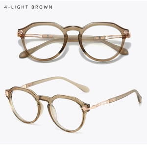 Macro detail of TR90 light brown glasses frame with rose gold metal hollowed temple design