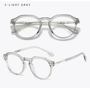 Detail view of light gray TR90 oval glasses frame with vintage transparent texture