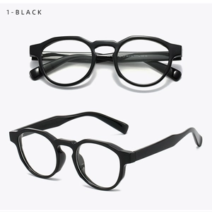 Detail view of black TR90 round frames showing specs and CE marking on temples
