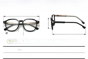 Detailed dimensions of TR90 oval black frame glasses with metal pin accents
