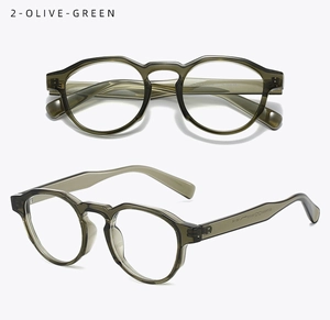 Detailed views of vintage olive green TR90 round frame glasses with stylish rivets