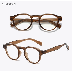 Dual view of round amber brown TR90 eyeglass frames showing front and side profile details