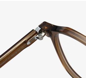 Macro view of TR86077 tortoise shell eyeglass frame hinge and inner temple specifications