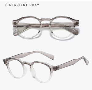 Detail view of gradient gray ultra-light TR90 round frame glasses from two angles