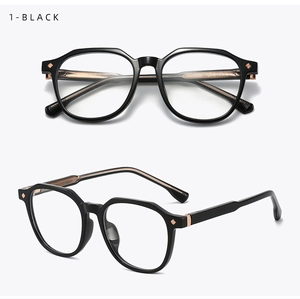 Detailed views of black oval TR90 eyeglass frames with rose gold metal hinges and accents