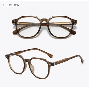 Detail of translucent brown TR90 glasses frame showing the metal hinge and dimensions