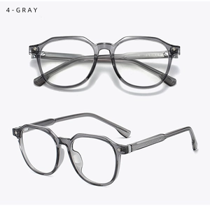 Detail view of transparent grey TR90 geometric frames with metal temple reinforcement
