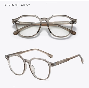 Detail view of light gray TR90 oval eyeglass frame from front and side angles