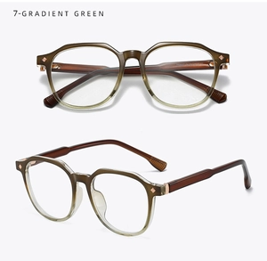 Detail view of TR90 glasses frame in gradient green with elegant metal hinge accents
