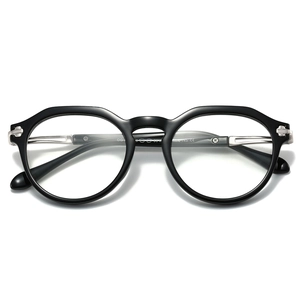 Classic black TR90 oval eyeglasses frame with vintage silver metal rivet accents