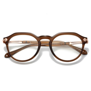 Retro amber oval TR90 eyeglasses frame with gold metal hinges and professional finish