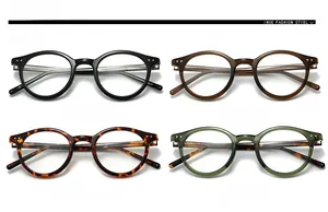 Détails de quatre coloris de montures ovales rétro en noir, ambre, léopard et vert olive