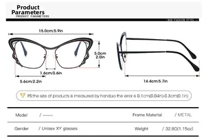 Detailed size chart for butterfly metal frame glasses showing full dimensions and weight