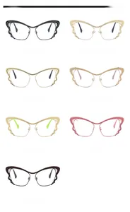 Detailed grid showing seven color variations of wave-edged butterfly eyeglass frames
