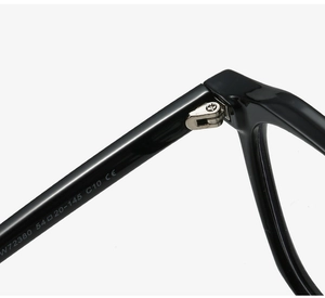 Detailed macro view of the metal hinge and printed specifications on TR90 glasses frame