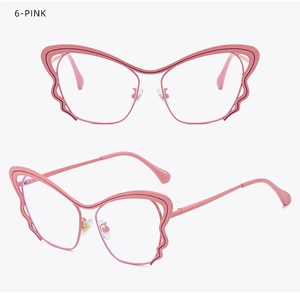 Detailed view of pink butterfly wing shaped metal frames and slim temples