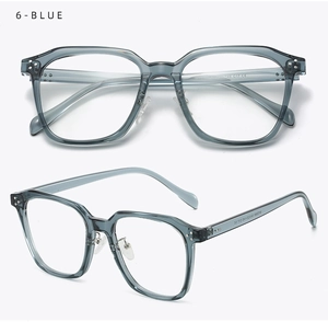 Detail view of blue TR90 square eyeglass frames with soft nose pads and CE marking