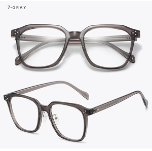 Detail view of transparent grey TR90 large frame glasses with silver rivets and CE mark
