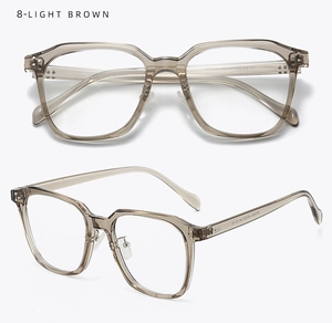 Dual-view close-up of light brown translucent TR90 large square frame eyewear