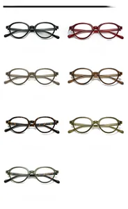 Matrix display of vintage oval glasses frames in seven distinct colors on white background