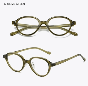 Detail view of olive green oval eyeglasses frame with metallic rivets and CE marking