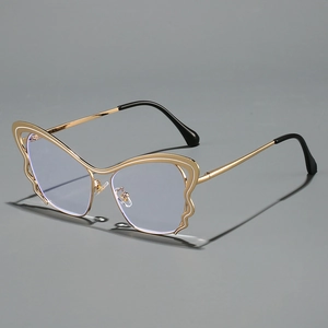 Fashionable butterfly shaped gold metal frame glasses with transparent lenses from 45-degree angle