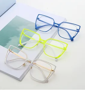 Detailed view of three stylish cat-eye glasses frames in blue, yellow, and silver metal