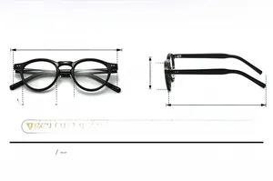 Detailed size specifications for lightweight black round TR90 frames with 14.2cm width