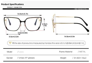 Detailed size specifications for metal cat-eye glasses frame with precise measurements