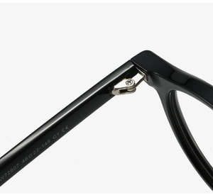 Macro shot of metal hinge detail and size parameters on black TR90 eyewear frames