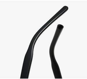 Macro view of the glossy black TR90 temple tip with smooth curved design
