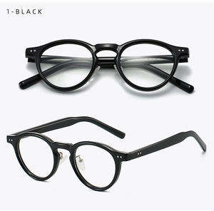 Detailed views of black round TR90 frames with metal accents and inner temple specs